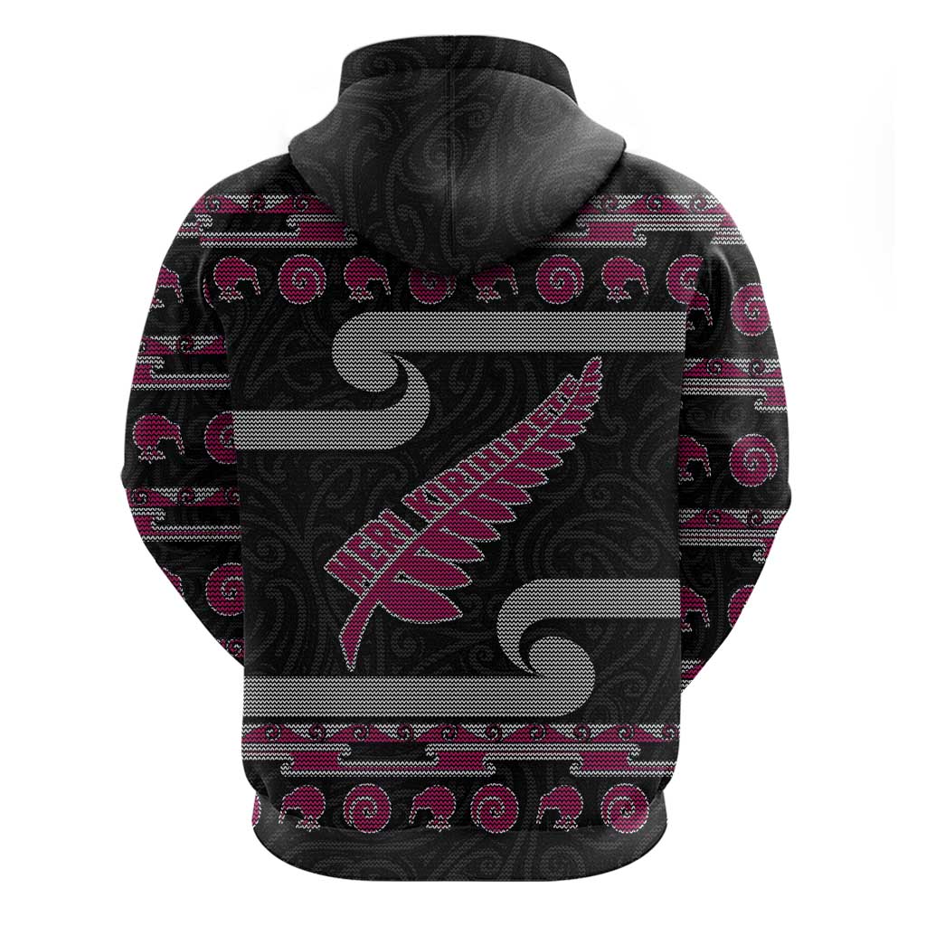 New Zealand Christmas Zip Hoodie Meri Kirihimete Silver Fern Knit Style Pink Color LT03 - Polynesian Pride