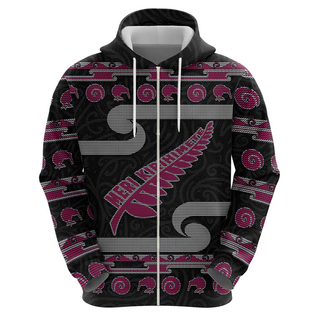 New Zealand Christmas Zip Hoodie Meri Kirihimete Silver Fern Knit Style Pink Color LT03 - Polynesian Pride