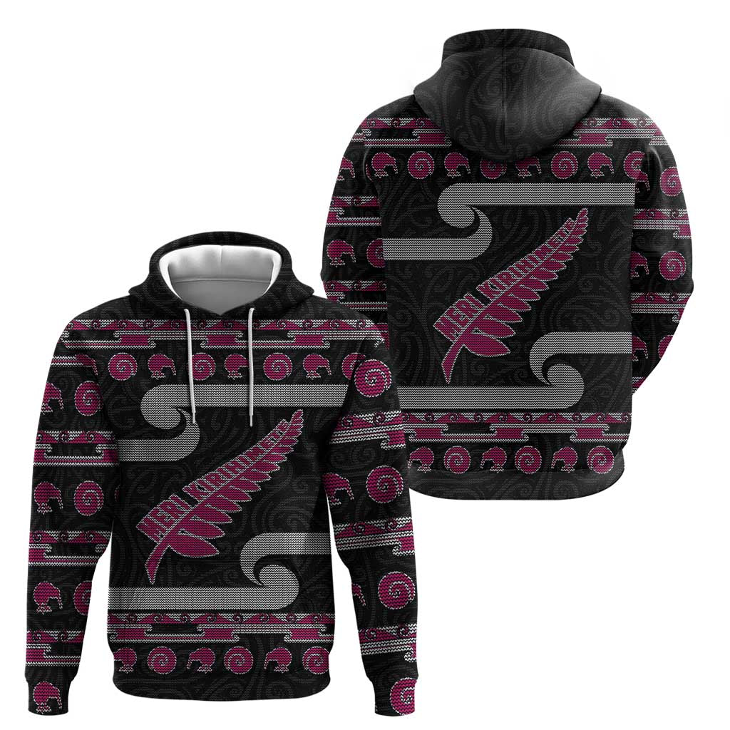 New Zealand Christmas Zip Hoodie Meri Kirihimete Silver Fern Knit Style Pink Color LT03 - Polynesian Pride