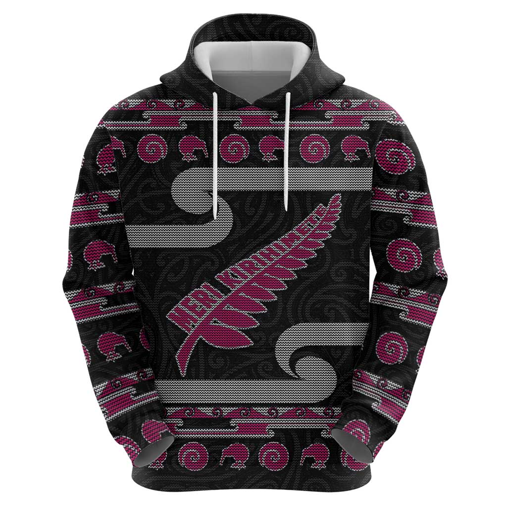New Zealand Christmas Zip Hoodie Meri Kirihimete Silver Fern Knit Style Pink Color LT03 - Polynesian Pride