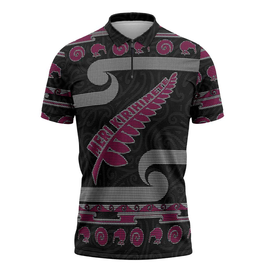 New Zealand Christmas Zipper Polo Shirt Meri Kirihimete Silver Fern Knit Style Pink Color LT03 Pink - Polynesian Pride