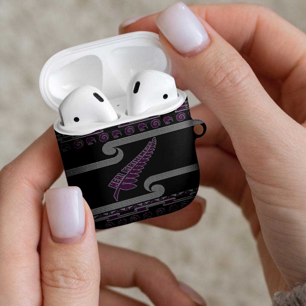 New Zealand Christmas AirPods Case Meri Kirihimete Silver Fern Knit Style Purple Color LT03 - Polynesian Pride
