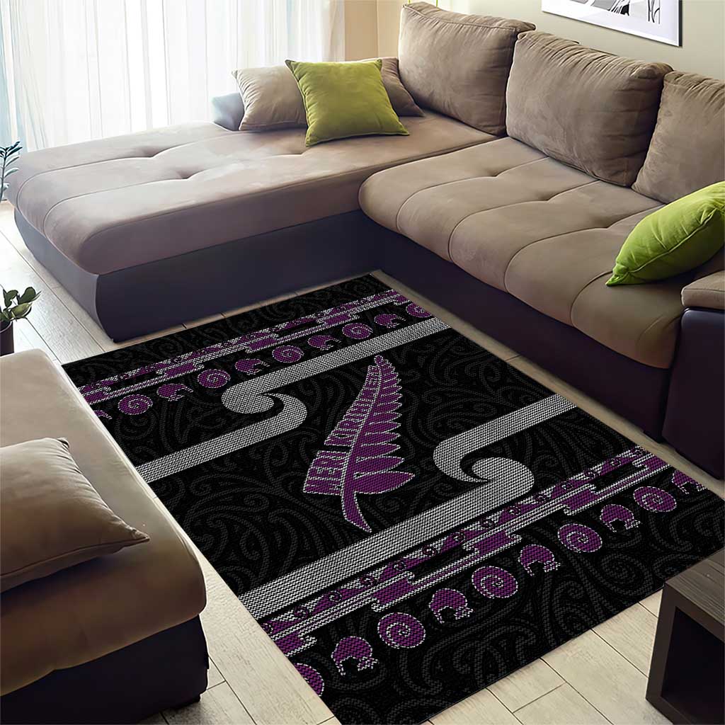 New Zealand Christmas Area Rug Meri Kirihimete Silver Fern Knit Style Purple Color - Polynesian Pride