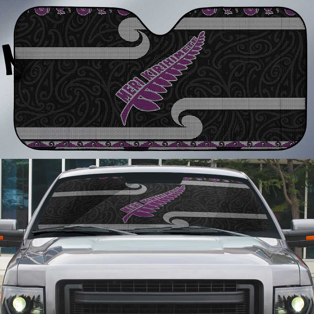 New Zealand Christmas Auto Sun Shade Meri Kirihimete Silver Fern Knit Style Purple Color LT03 Purple - Polynesian Pride