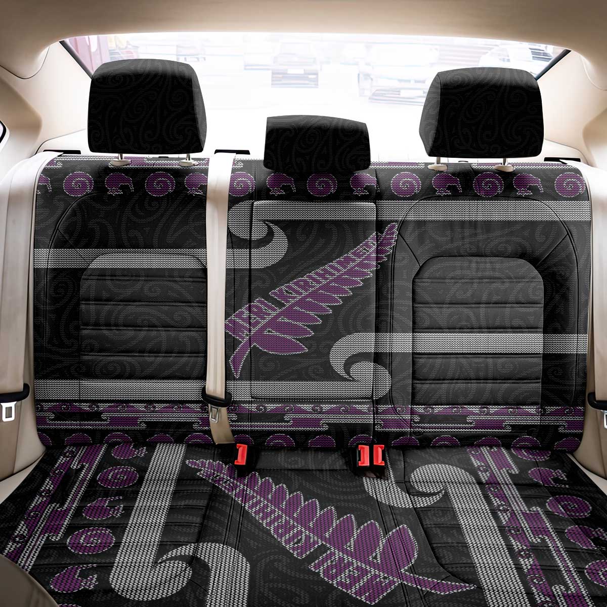 New Zealand Christmas Back Car Seat Cover Meri Kirihimete Silver Fern Knit Style Purple Color LT03 - Polynesian Pride