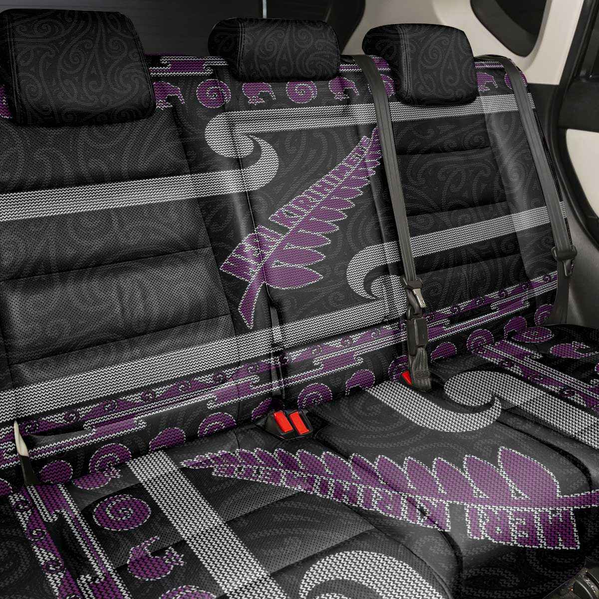 New Zealand Christmas Back Car Seat Cover Meri Kirihimete Silver Fern Knit Style Purple Color LT03 - Polynesian Pride