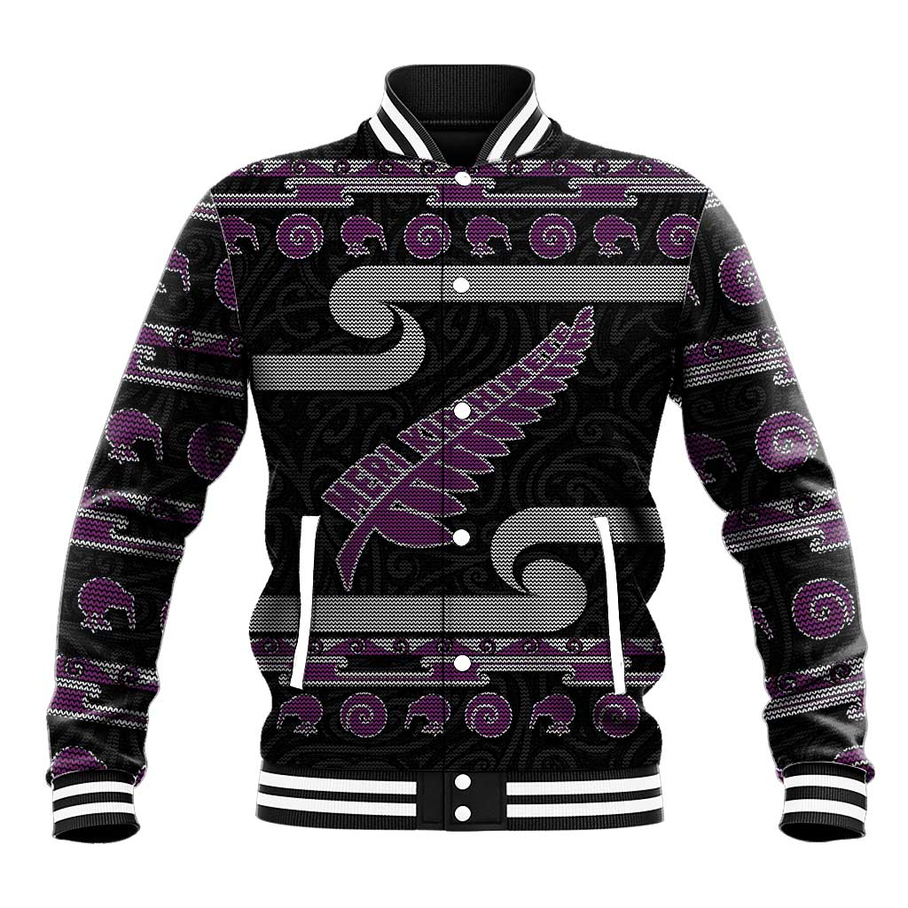 New Zealand Christmas Baseball Jacket Meri Kirihimete Silver Fern Knit Style Purple Color LT03 Unisex Purple - Polynesian Pride