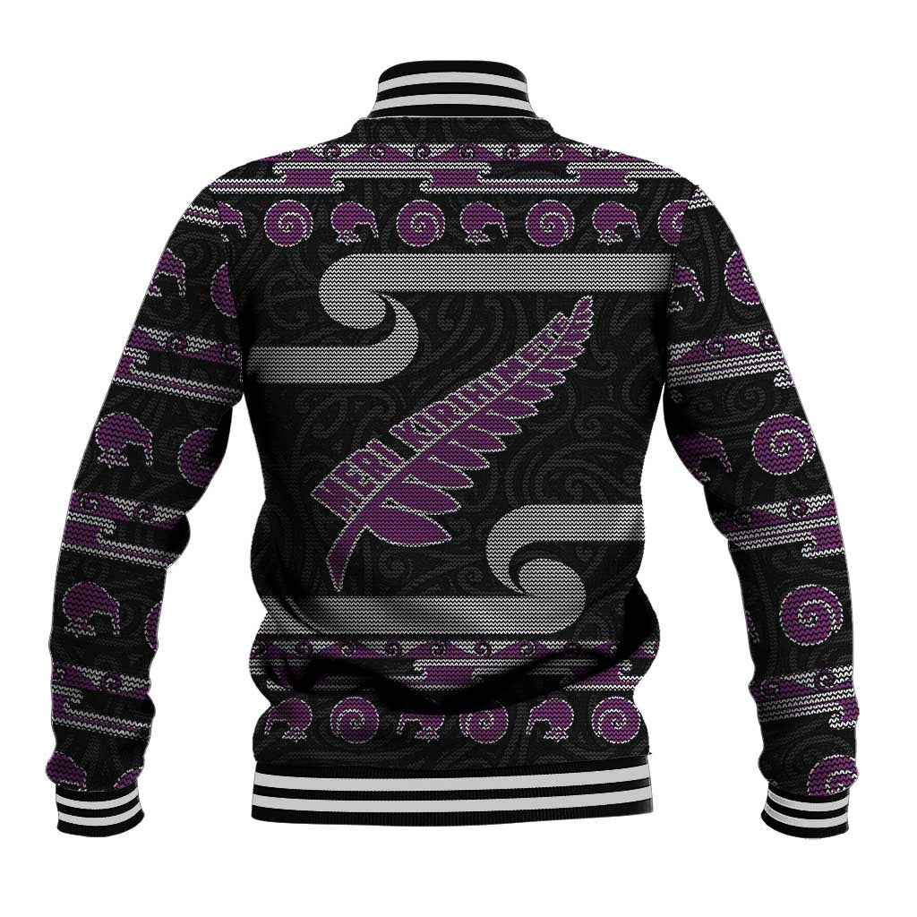 New Zealand Christmas Baseball Jacket Meri Kirihimete Silver Fern Knit Style Purple Color LT03 - Polynesian Pride
