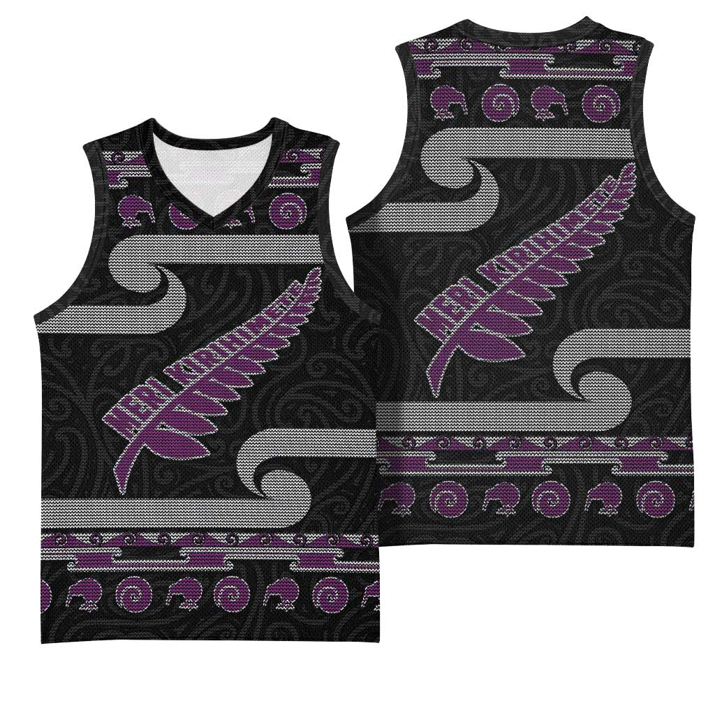 New Zealand Christmas Basketball Jersey Meri Kirihimete Silver Fern Knit Style Purple Color LT03 - Polynesian Pride