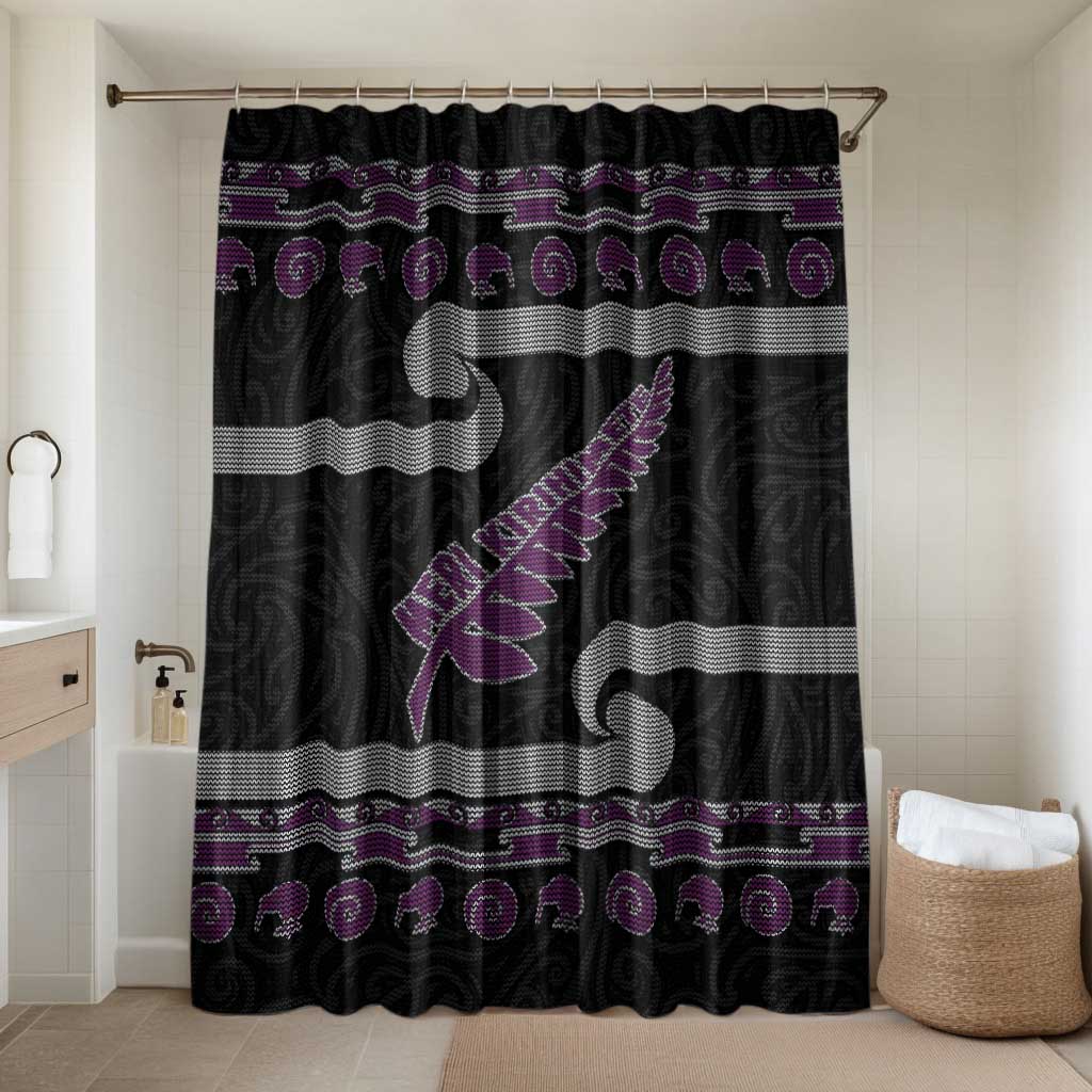 New Zealand Christmas Bathroom Set Meri Kirihimete Silver Fern Knit Style Purple Color LT03 Shower Curtain Only Purple - Polynesian Pride
