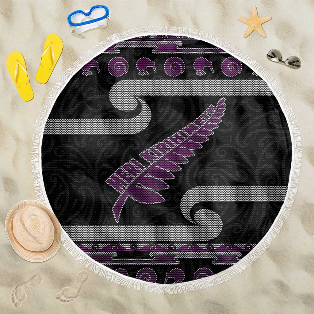 New Zealand Christmas Beach Blanket Meri Kirihimete Silver Fern Knit Style Purple Color LT03 One Size 150cm Purple - Polynesian Pride