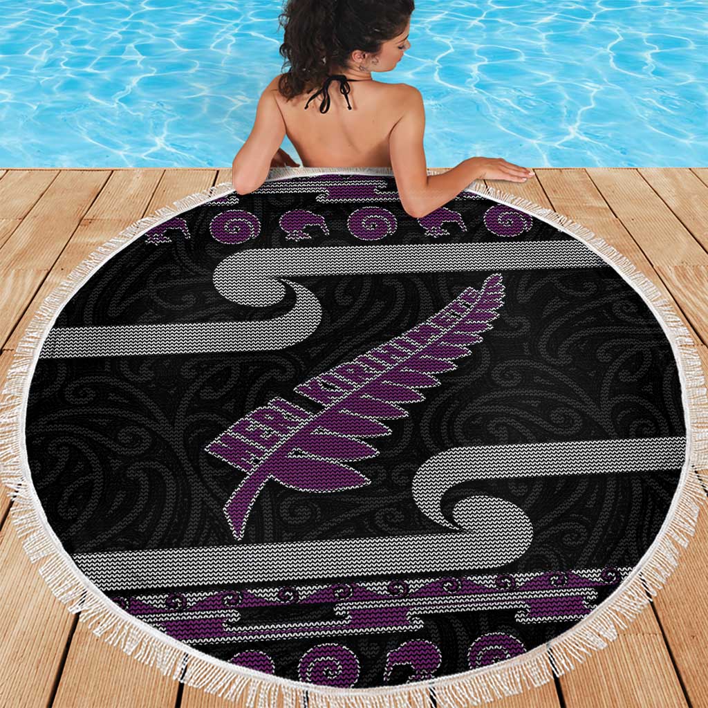 New Zealand Christmas Beach Blanket Meri Kirihimete Silver Fern Knit Style Purple Color LT03 - Polynesian Pride