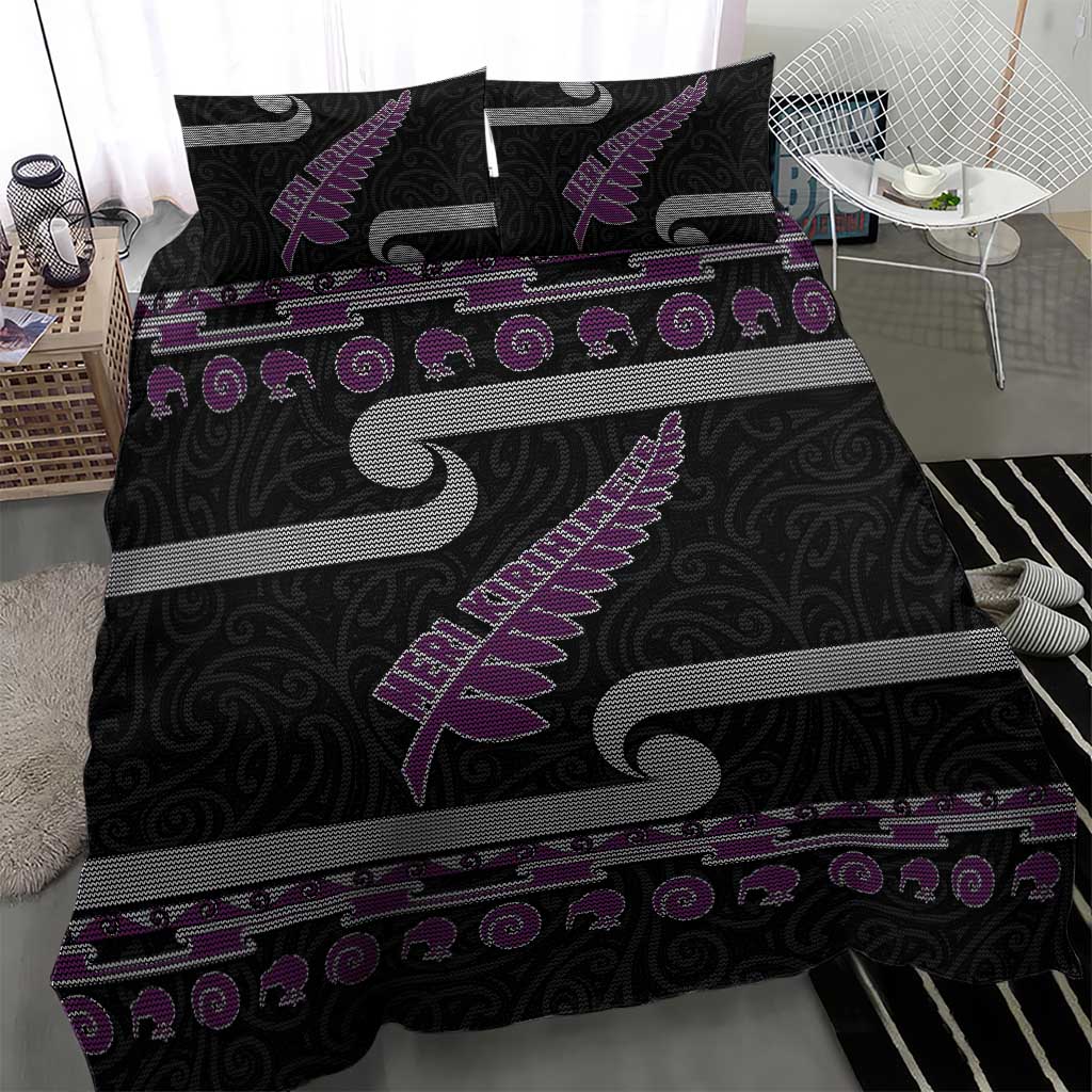 New Zealand Christmas Bedding Set Meri Kirihimete Silver Fern Knit Style Purple Color LT03 - Polynesian Pride