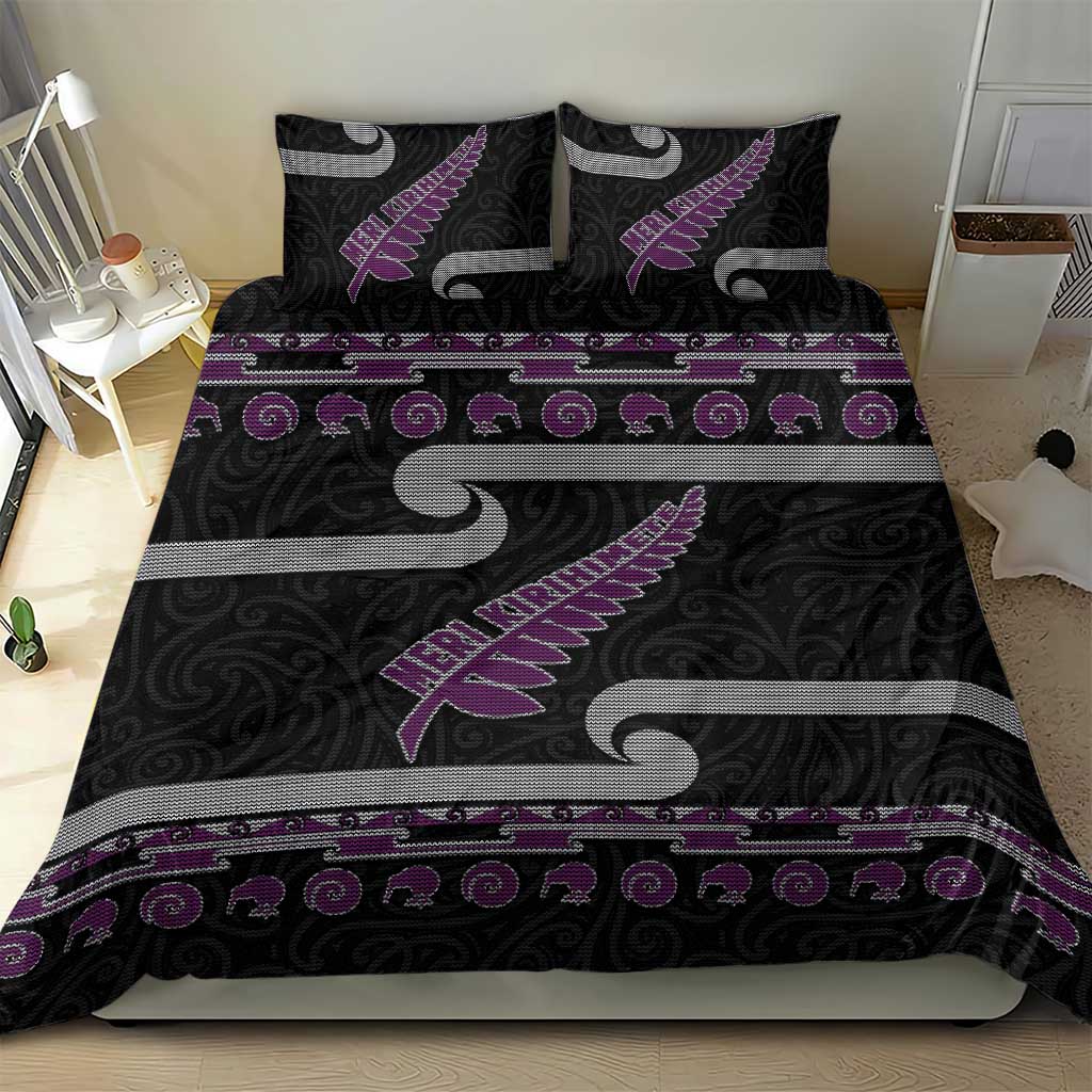 New Zealand Christmas Bedding Set Meri Kirihimete Silver Fern Knit Style Purple Color LT03 - Polynesian Pride