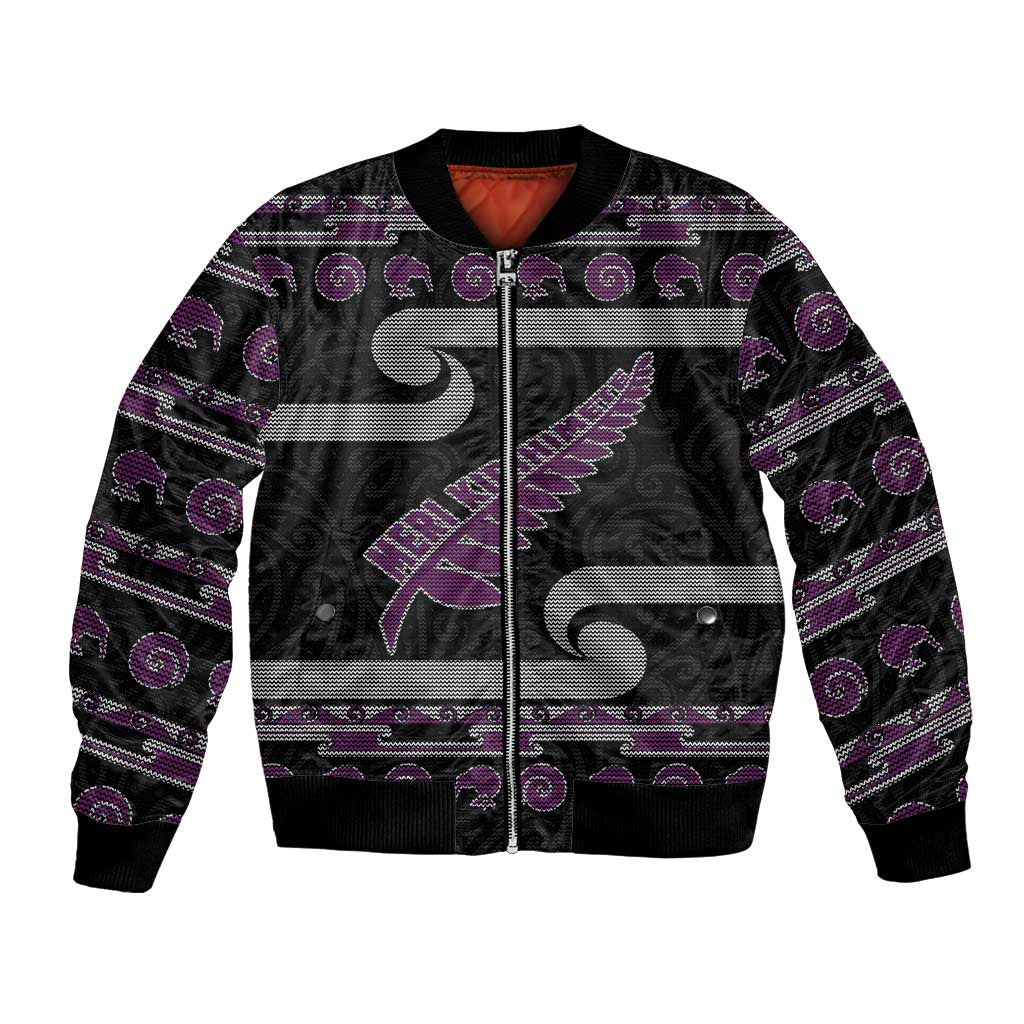 New Zealand Christmas Bomber Jacket Meri Kirihimete Silver Fern Knit Style Purple Color LT03 Unisex Purple - Polynesian Pride