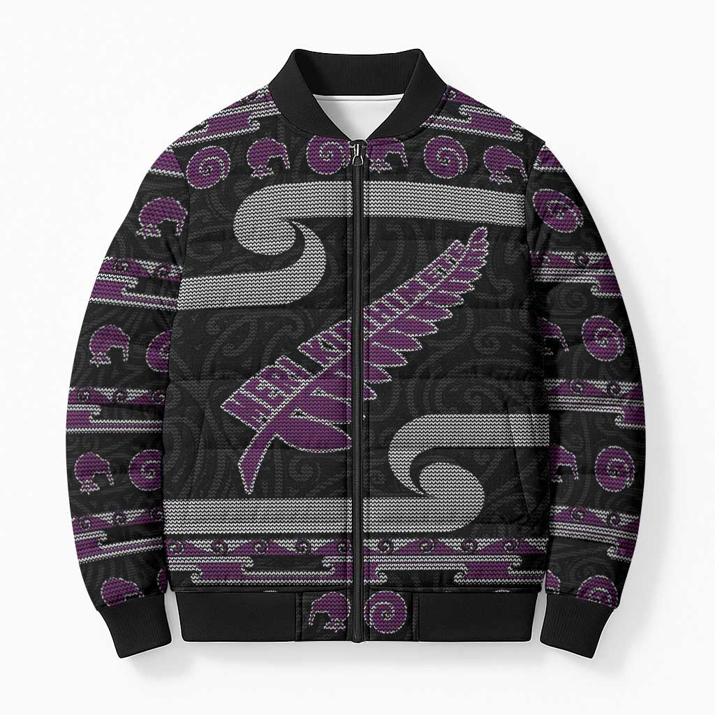New Zealand Christmas Bomber Puffer Jacket Meri Kirihimete Silver Fern Knit Style Purple Color LT03 Unisex Purple - Polynesian Pride