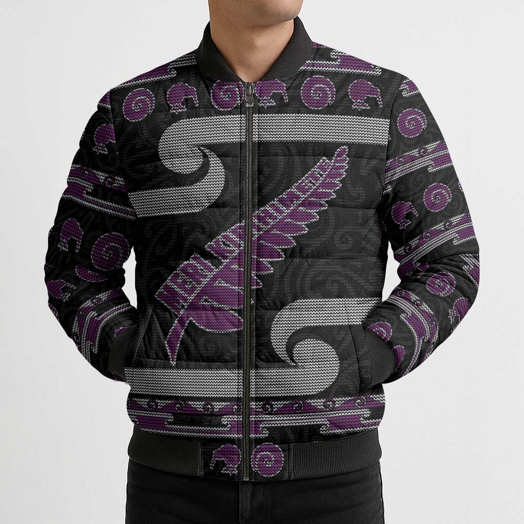 New Zealand Christmas Bomber Puffer Jacket Meri Kirihimete Silver Fern Knit Style Purple Color LT03 - Polynesian Pride