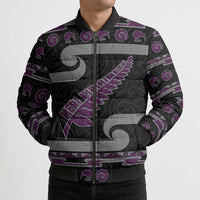New Zealand Christmas Bomber Puffer Jacket Meri Kirihimete Silver Fern Knit Style Purple Color LT03 - Polynesian Pride