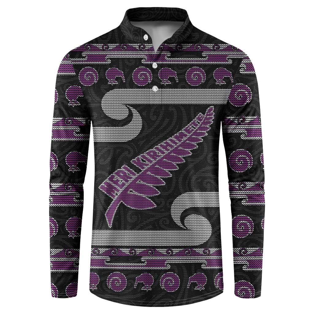 New Zealand Christmas Button Sweatshirt Meri Kirihimete Silver Fern Knit Style Purple Color LT03 Purple - Polynesian Pride