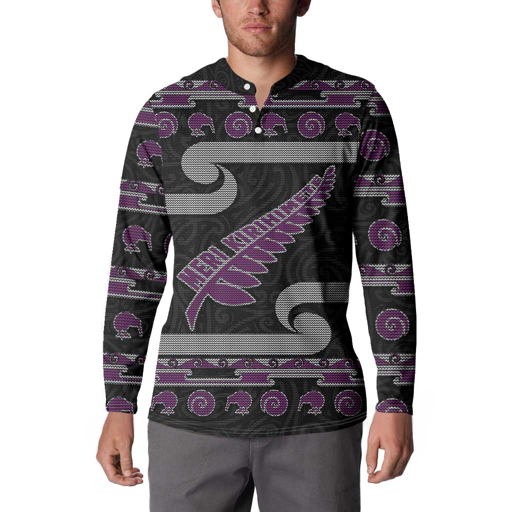 New Zealand Christmas Button Sweatshirt Meri Kirihimete Silver Fern Knit Style Purple Color LT03 - Polynesian Pride