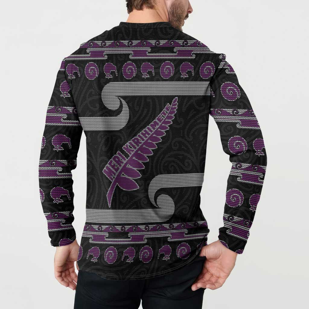 New Zealand Christmas Button Sweatshirt Meri Kirihimete Silver Fern Knit Style Purple Color LT03 - Polynesian Pride