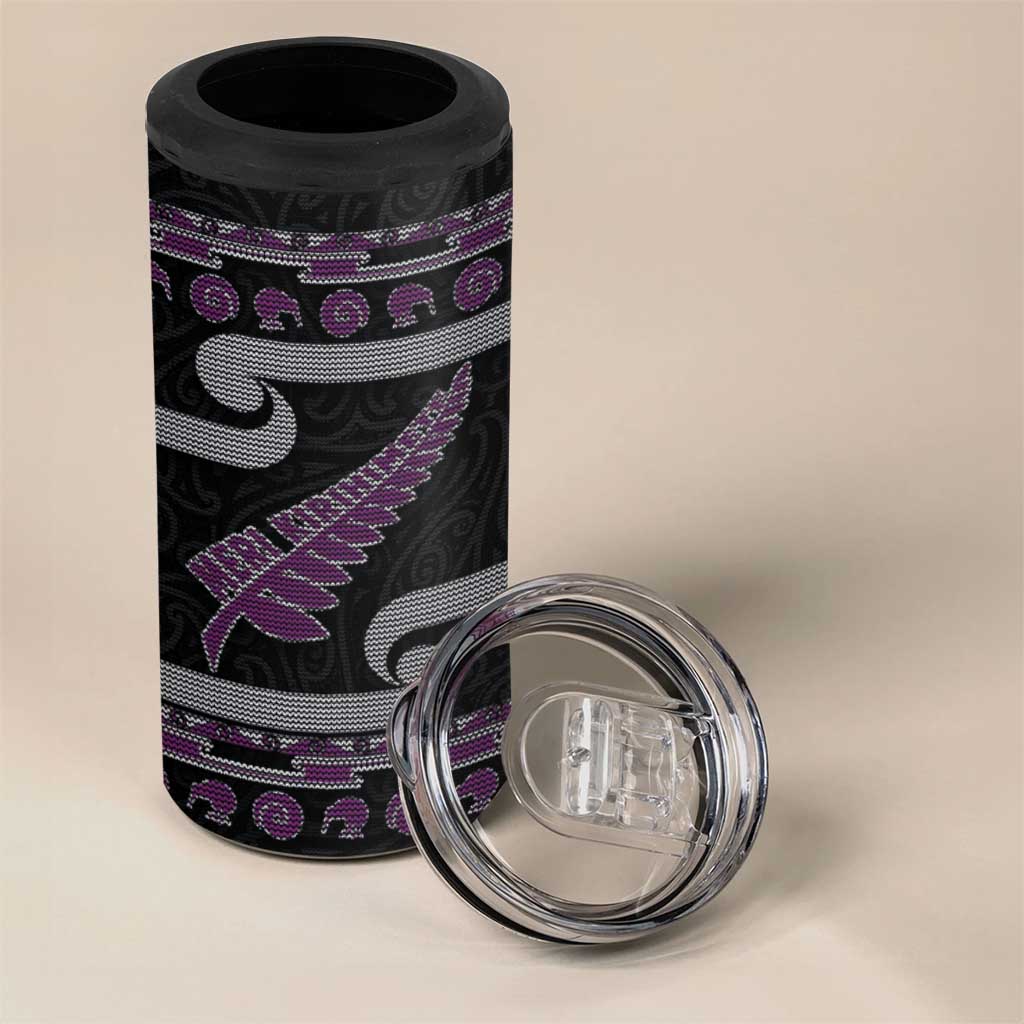 New Zealand Christmas 4 in 1 Can Cooler Tumbler Meri Kirihimete Silver Fern Knit Style Purple Color LT03 - Polynesian Pride