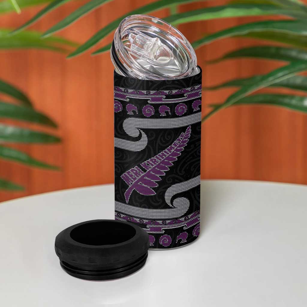 New Zealand Christmas 4 in 1 Can Cooler Tumbler Meri Kirihimete Silver Fern Knit Style Purple Color LT03 - Polynesian Pride