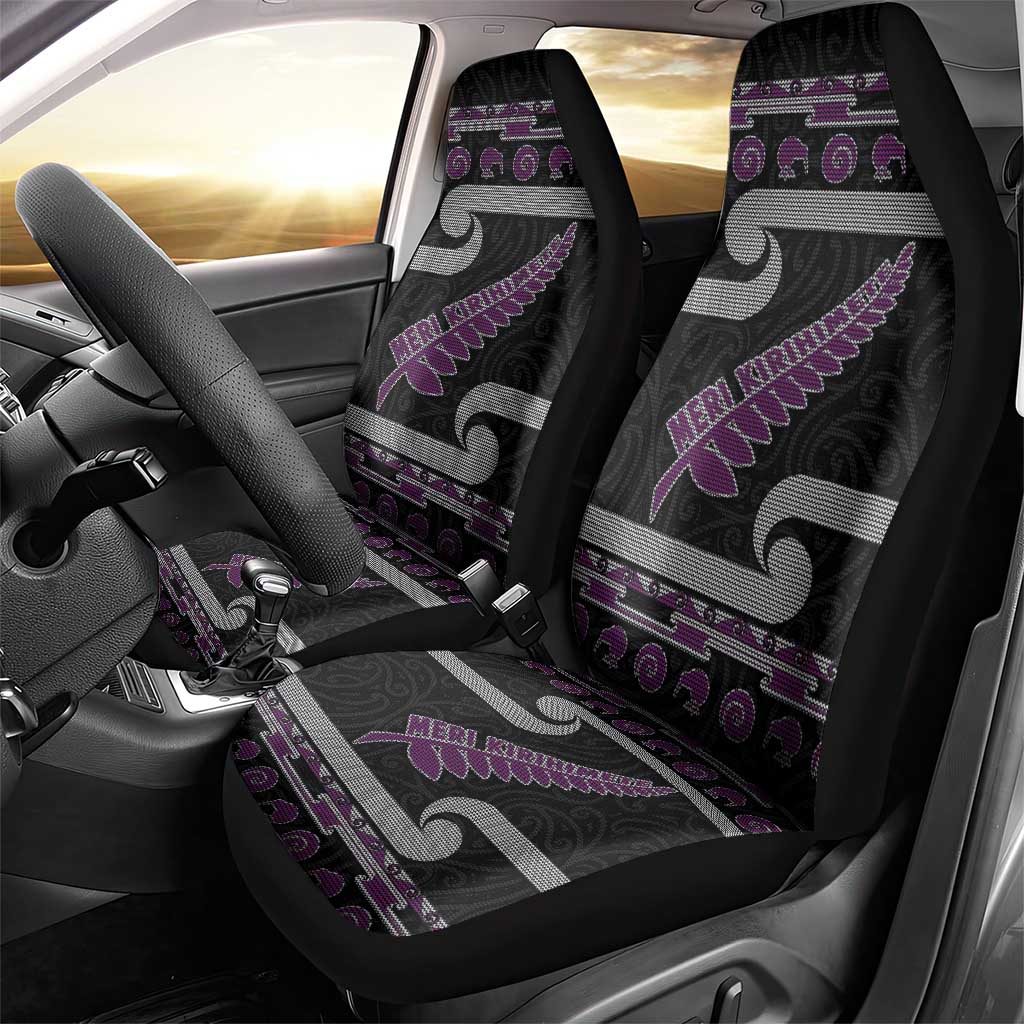 New Zealand Christmas Car Seat Cover Meri Kirihimete Silver Fern Knit Style Purple Color LT03 - Polynesian Pride