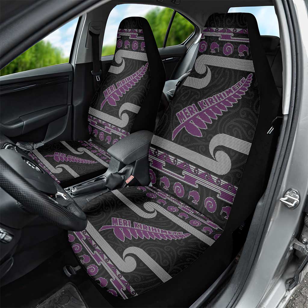 New Zealand Christmas Car Seat Cover Meri Kirihimete Silver Fern Knit Style Purple Color LT03 - Polynesian Pride