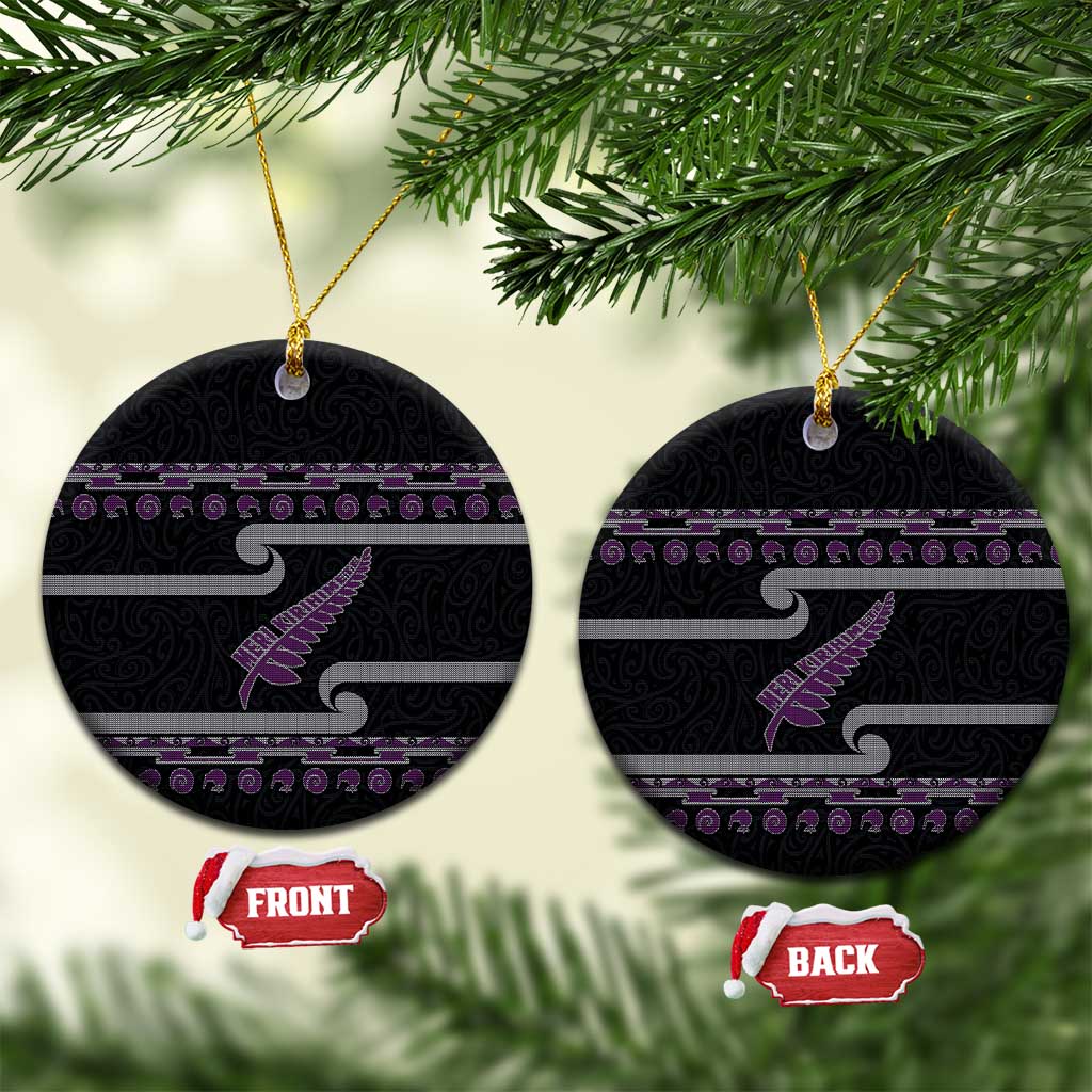 New Zealand Christmas Ceramic Ornament Meri Kirihimete Silver Fern Knit Style Purple Color LT03 Circle Purple - Polynesian Pride