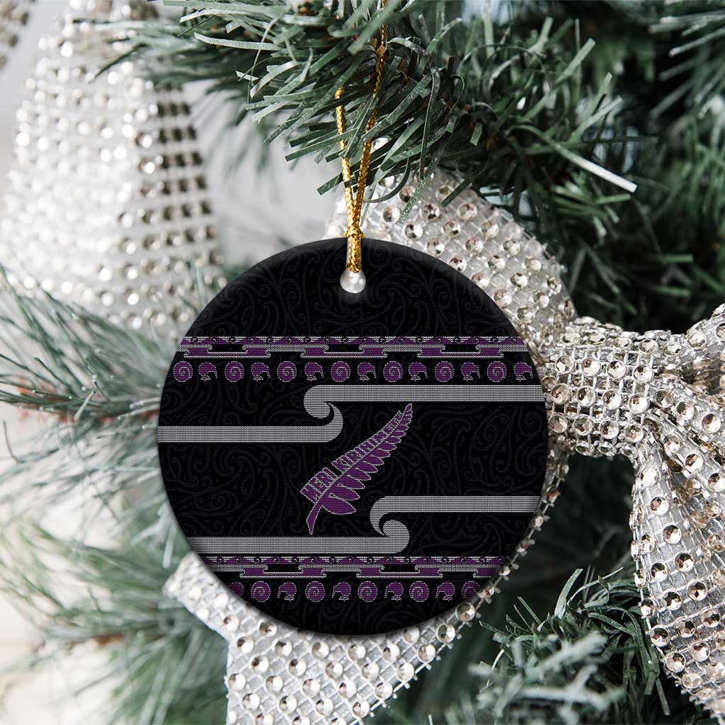 New Zealand Christmas Ceramic Ornament Meri Kirihimete Silver Fern Knit Style Purple Color LT03 - Polynesian Pride