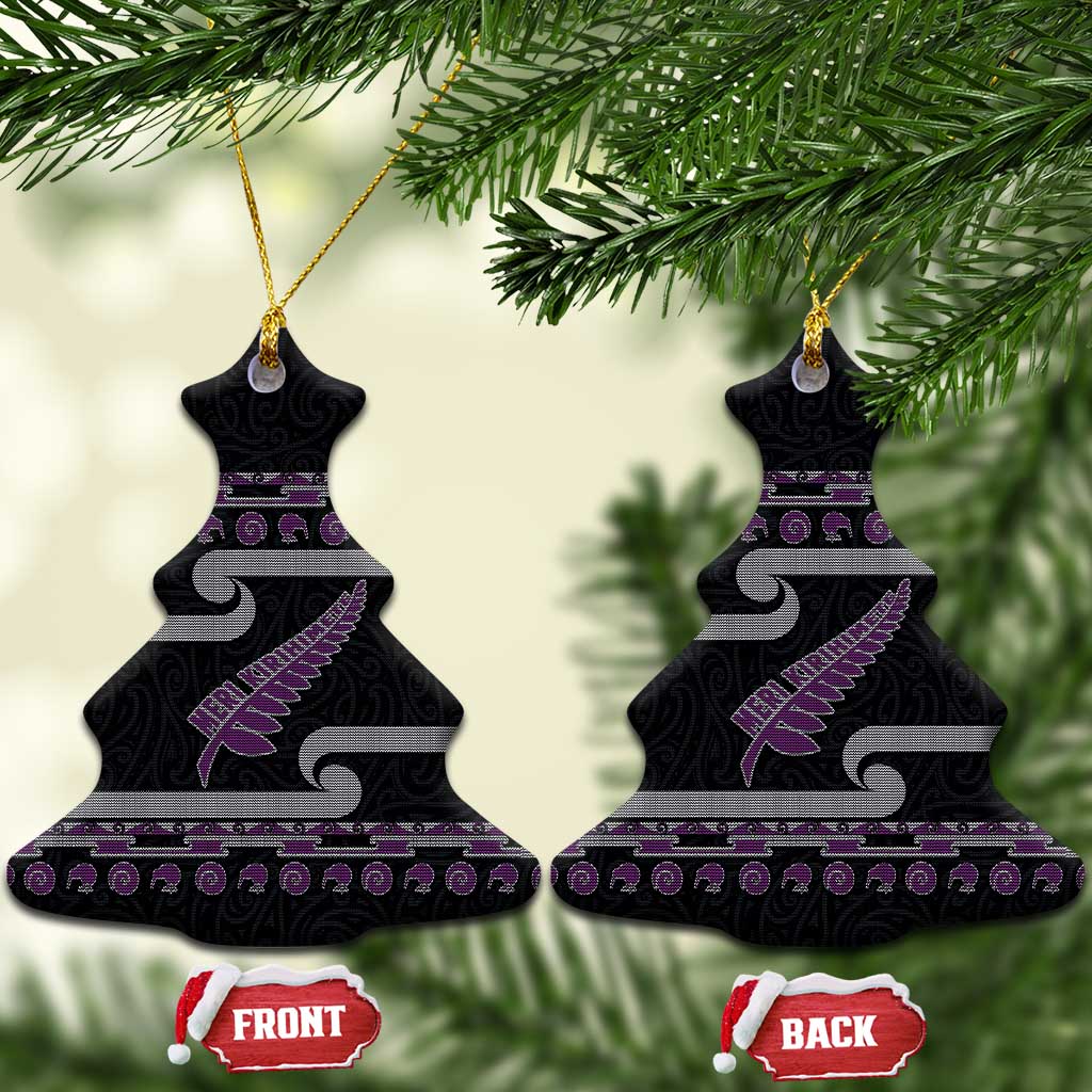 New Zealand Christmas Ceramic Ornament Meri Kirihimete Silver Fern Knit Style Purple Color LT03 Christmas Tree Purple - Polynesian Pride