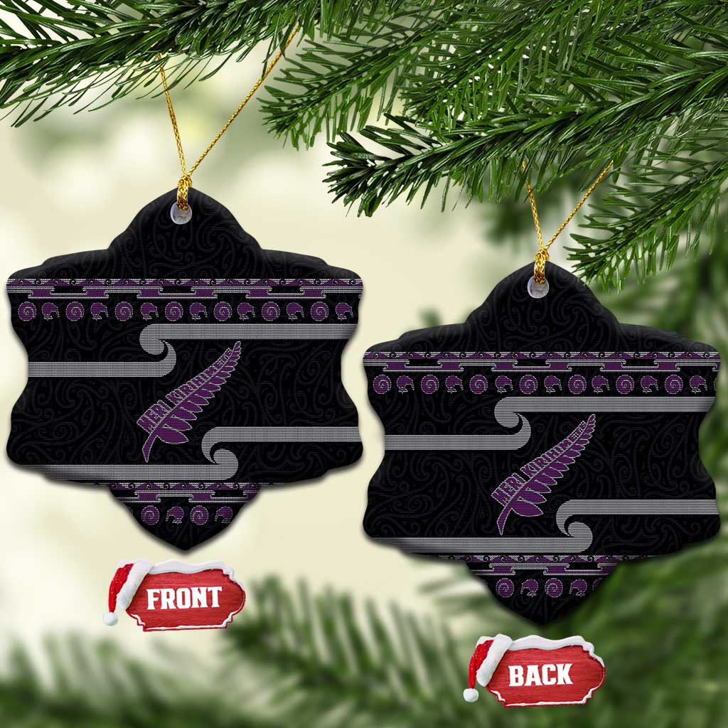 New Zealand Christmas Ceramic Ornament Meri Kirihimete Silver Fern Knit Style Purple Color LT03 Snow Flake Purple - Polynesian Pride