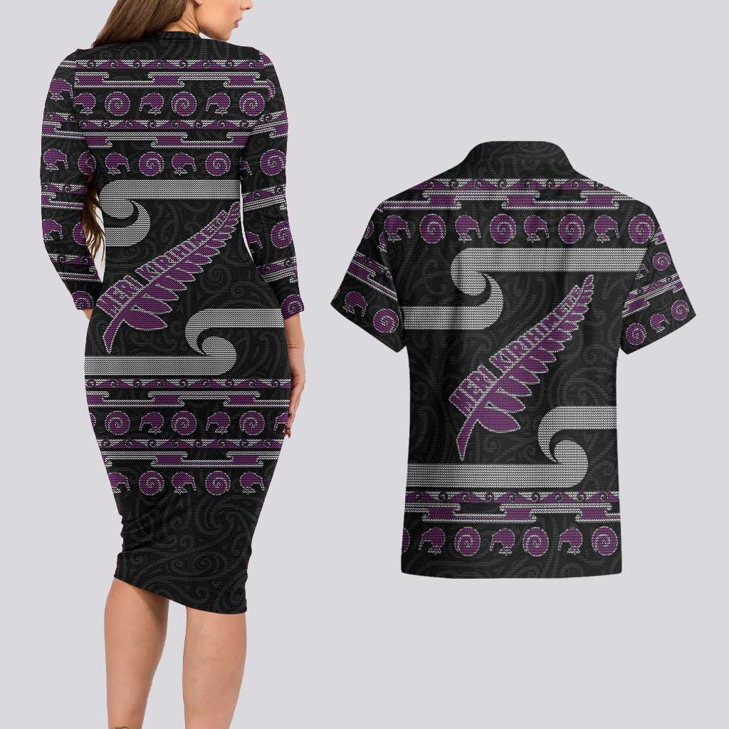 New Zealand Christmas Couples Matching Long Sleeve Bodycon Dress and Hawaiian Shirt Meri Kirihimete Silver Fern Knit Style Purple Color LT03 - Polynesian Pride