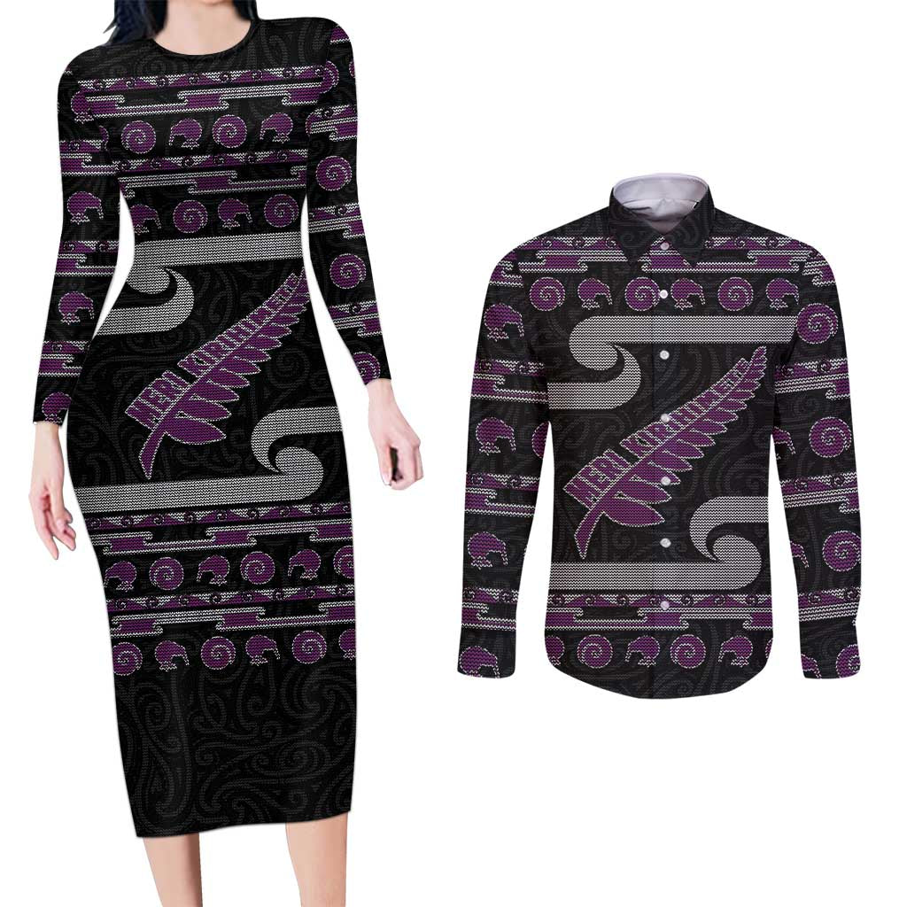 New Zealand Christmas Couples Matching Long Sleeve Bodycon Dress and Long Sleeve Button Shirt Meri Kirihimete Silver Fern Knit Style Purple Color LT03 Purple - Polynesian Pride