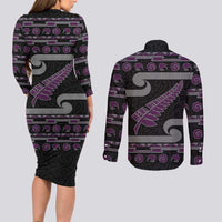 New Zealand Christmas Couples Matching Long Sleeve Bodycon Dress and Long Sleeve Button Shirt Meri Kirihimete Silver Fern Knit Style Purple Color LT03 - Polynesian Pride