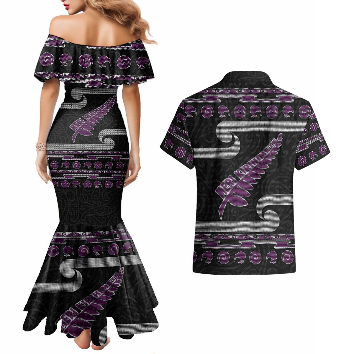 New Zealand Christmas Couples Matching Mermaid Dress and Hawaiian Shirt Meri Kirihimete Silver Fern Knit Style Purple Color LT03 - Polynesian Pride