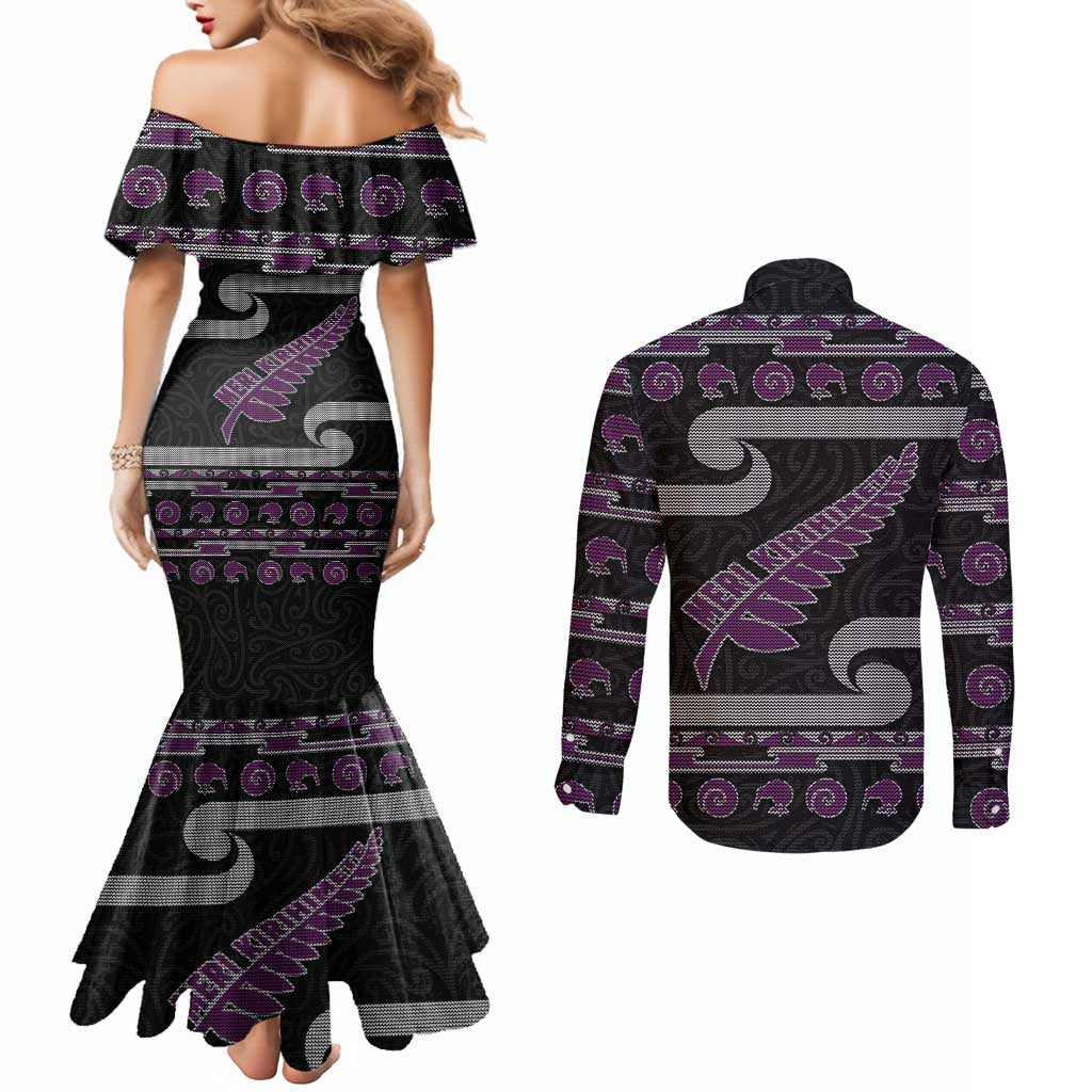 New Zealand Christmas Couples Matching Mermaid Dress and Long Sleeve Button Shirt Meri Kirihimete Silver Fern Knit Style Purple Color LT03 - Polynesian Pride