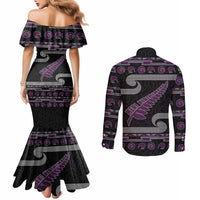 New Zealand Christmas Couples Matching Mermaid Dress and Long Sleeve Button Shirt Meri Kirihimete Silver Fern Knit Style Purple Color LT03 - Polynesian Pride