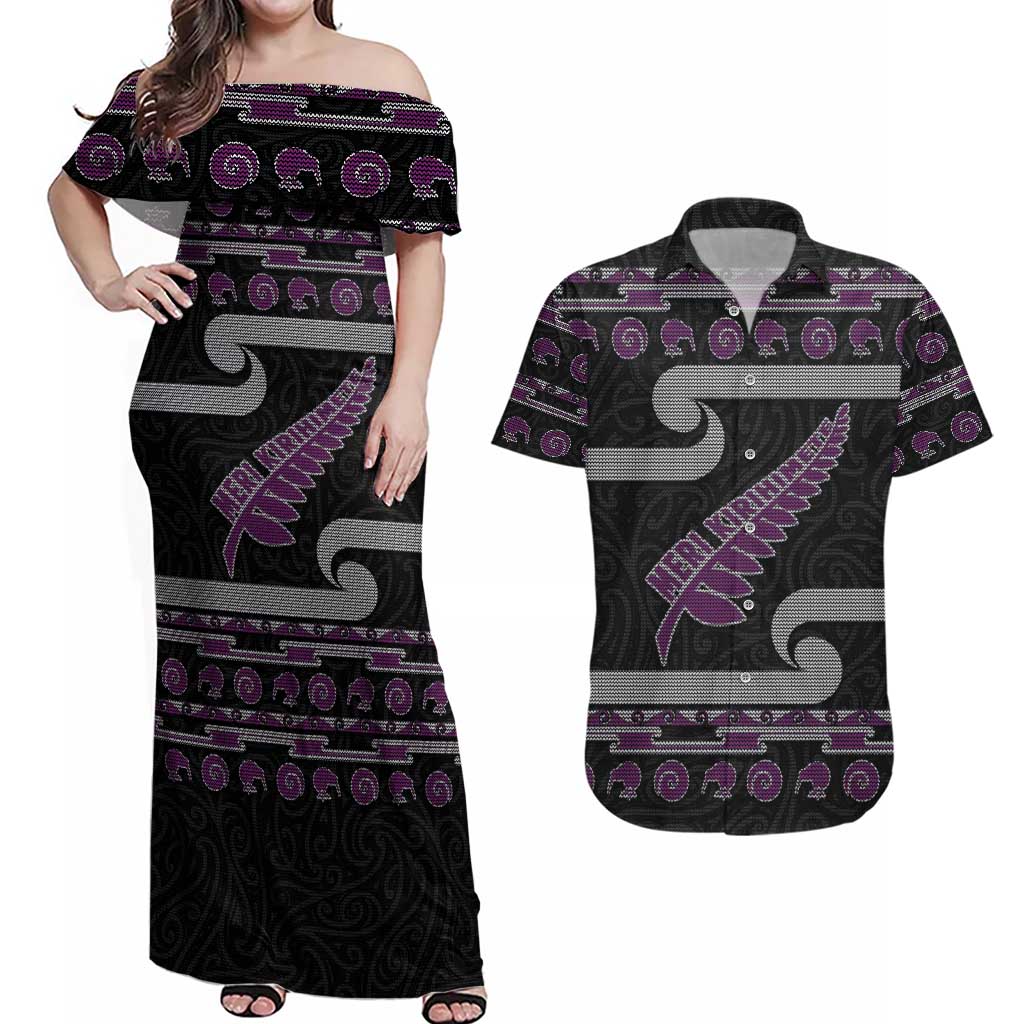 New Zealand Christmas Couples Matching Off Shoulder Maxi Dress and Hawaiian Shirt Meri Kirihimete Silver Fern Knit Style Purple Color LT03 Purple - Polynesian Pride