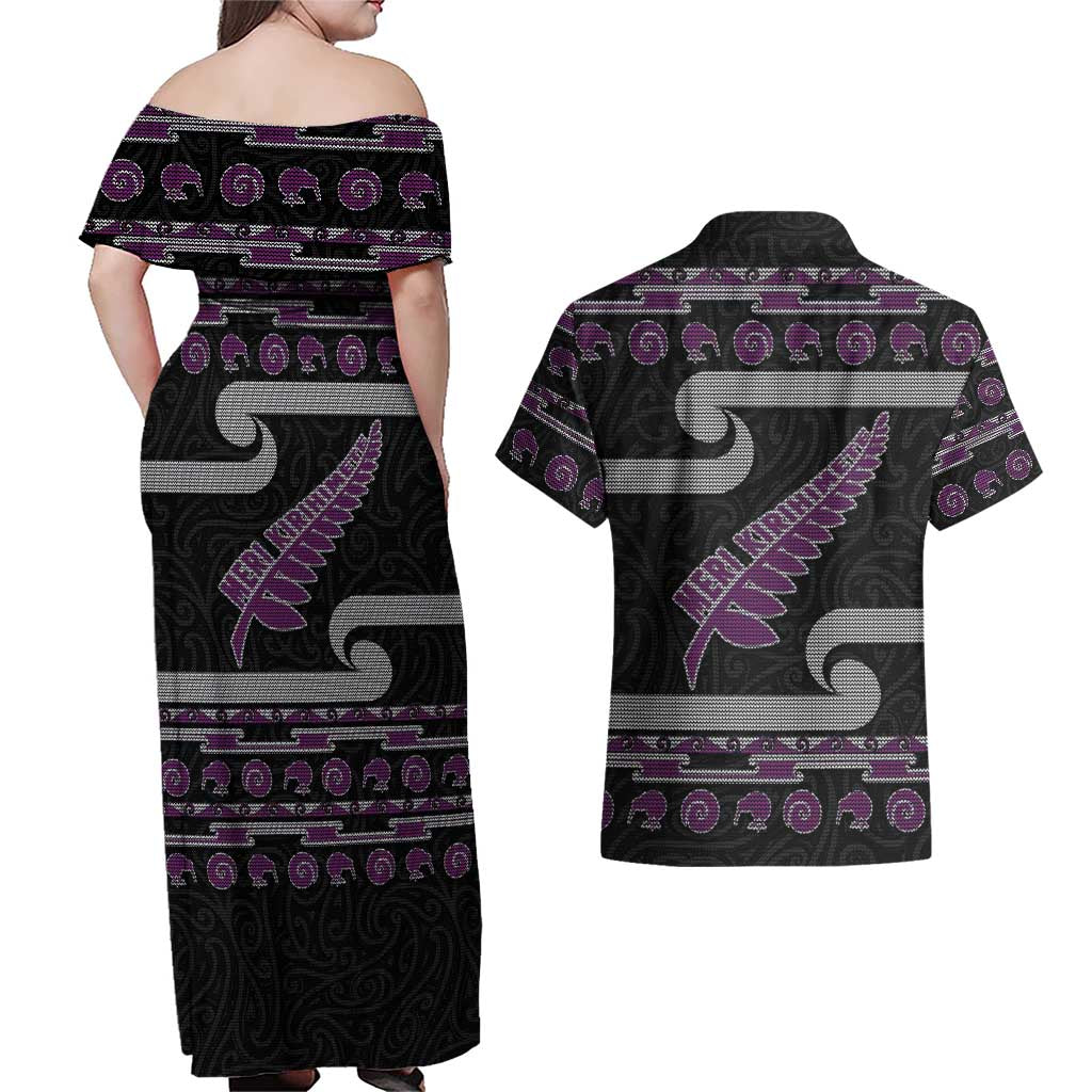 New Zealand Christmas Couples Matching Off Shoulder Maxi Dress and Hawaiian Shirt Meri Kirihimete Silver Fern Knit Style Purple Color LT03 - Polynesian Pride