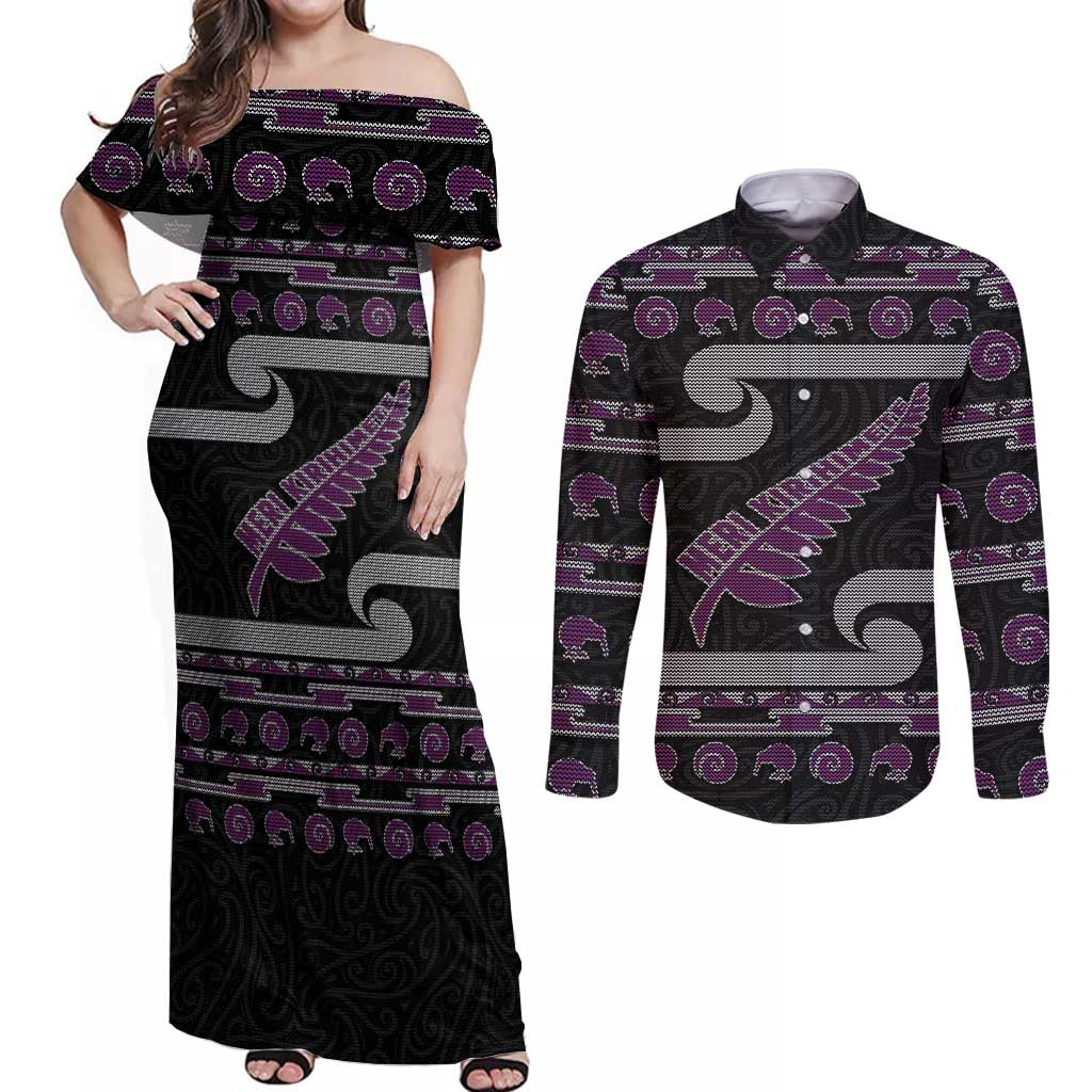 New Zealand Christmas Couples Matching Off Shoulder Maxi Dress and Long Sleeve Button Shirt Meri Kirihimete Silver Fern Knit Style Purple Color LT03 Purple - Polynesian Pride