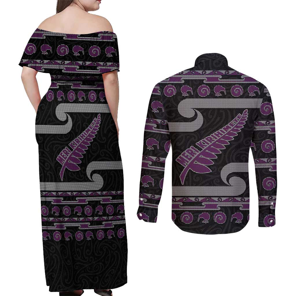 New Zealand Christmas Couples Matching Off Shoulder Maxi Dress and Long Sleeve Button Shirt Meri Kirihimete Silver Fern Knit Style Purple Color LT03 - Polynesian Pride