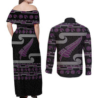 New Zealand Christmas Couples Matching Off Shoulder Maxi Dress and Long Sleeve Button Shirt Meri Kirihimete Silver Fern Knit Style Purple Color LT03 - Polynesian Pride
