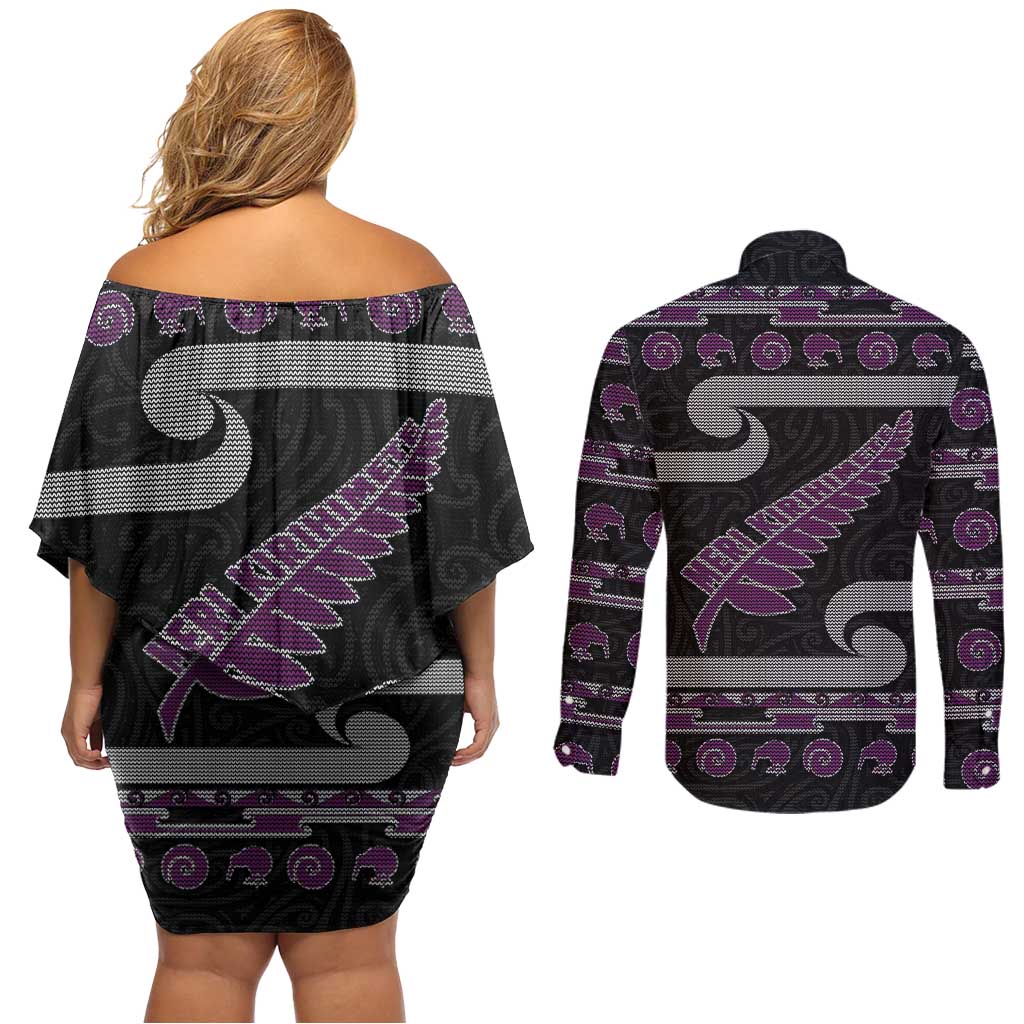 New Zealand Christmas Couples Matching Off Shoulder Short Dress and Long Sleeve Button Shirt Meri Kirihimete Silver Fern Knit Style Purple Color LT03 - Polynesian Pride