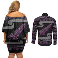 New Zealand Christmas Couples Matching Off Shoulder Short Dress and Long Sleeve Button Shirt Meri Kirihimete Silver Fern Knit Style Purple Color LT03 - Polynesian Pride