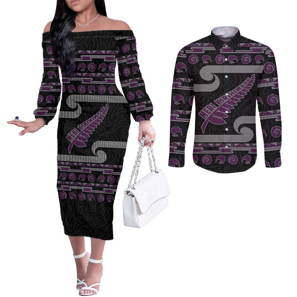 New Zealand Christmas Couples Matching Off The Shoulder Long Sleeve Dress and Long Sleeve Button Shirt Meri Kirihimete Silver Fern Knit Style Purple Color LT03 Purple - Polynesian Pride