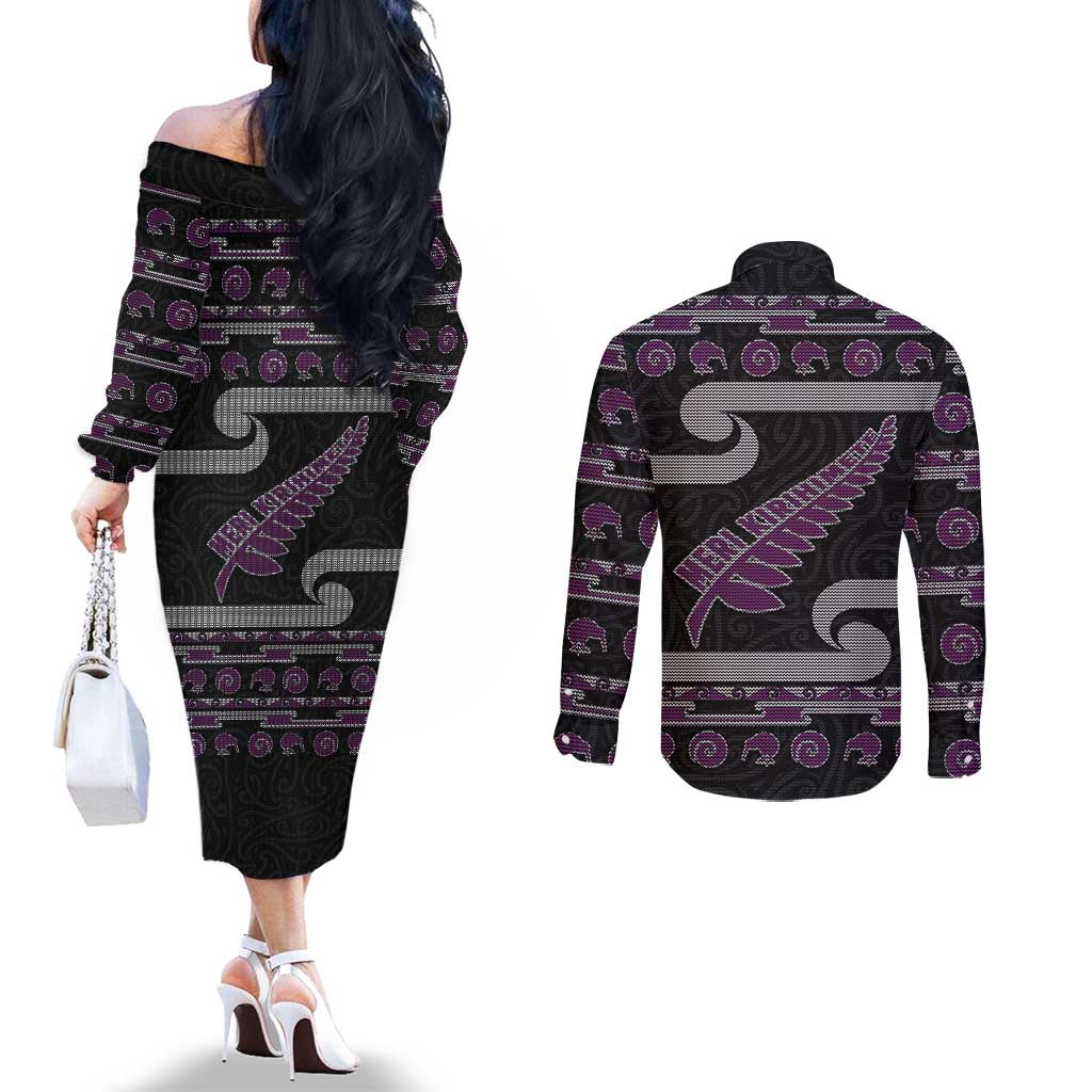 New Zealand Christmas Couples Matching Off The Shoulder Long Sleeve Dress and Long Sleeve Button Shirt Meri Kirihimete Silver Fern Knit Style Purple Color LT03 - Polynesian Pride