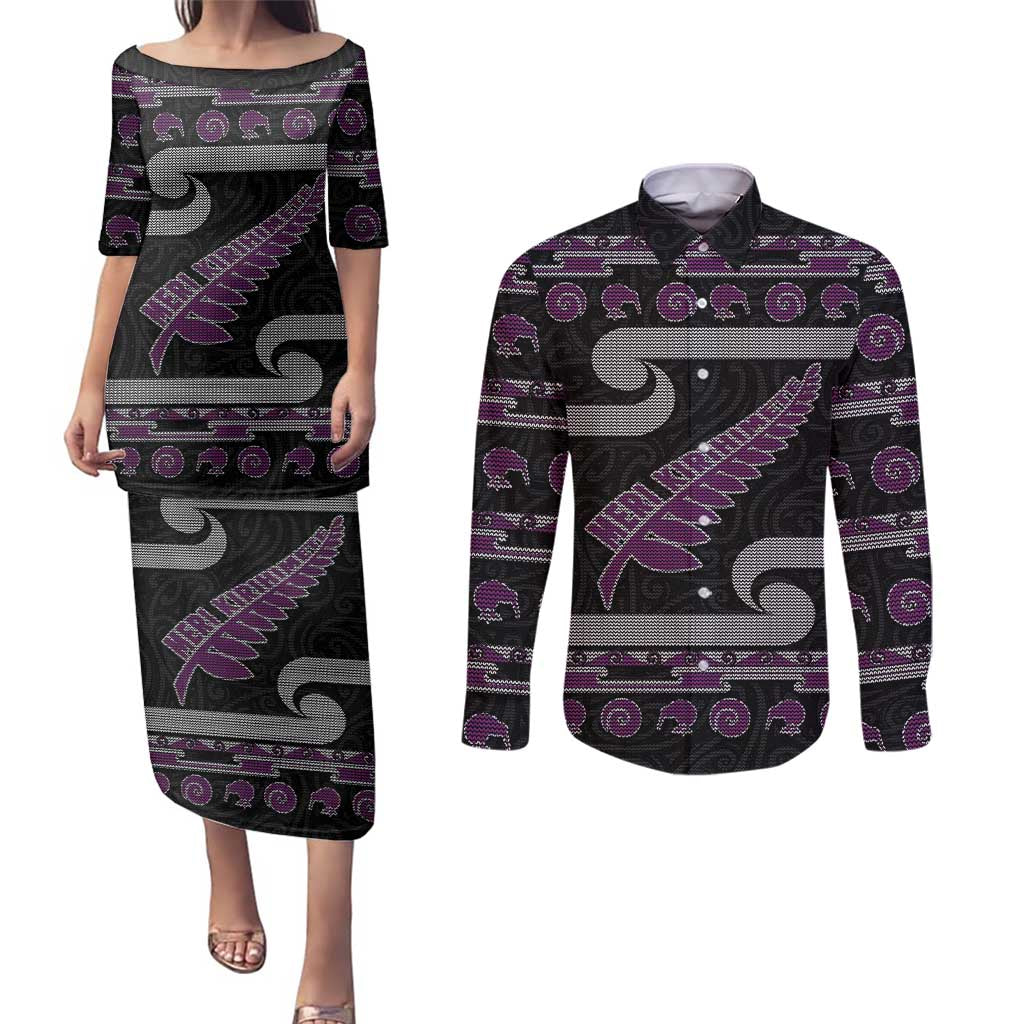 New Zealand Christmas Couples Matching Puletasi and Long Sleeve Button Shirt Meri Kirihimete Silver Fern Knit Style Purple Color LT03 Purple - Polynesian Pride