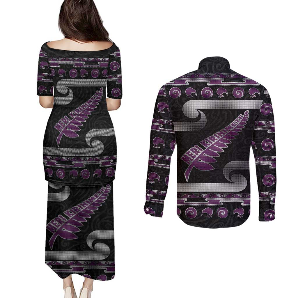 New Zealand Christmas Couples Matching Puletasi and Long Sleeve Button Shirt Meri Kirihimete Silver Fern Knit Style Purple Color LT03 - Polynesian Pride